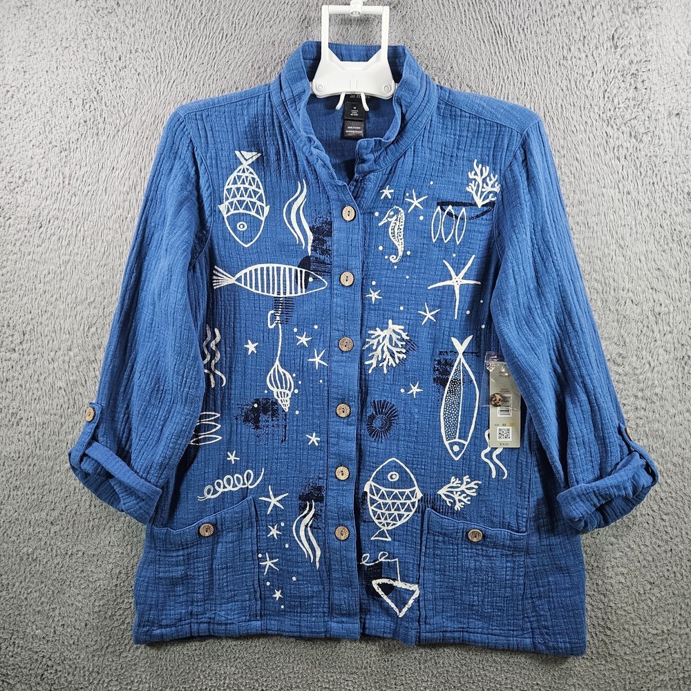 NEW Ali Miles Tunic Shirt Top Women Medium Sealife Print Button Up Blue